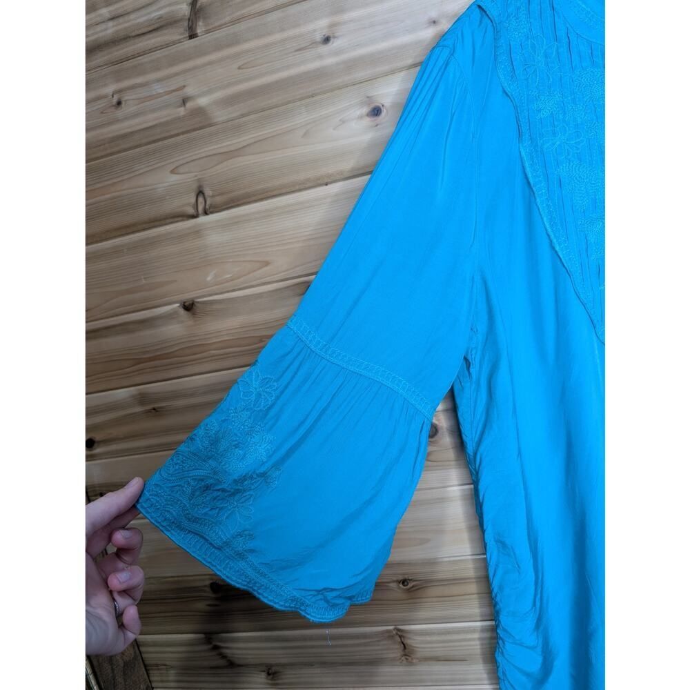 John Mark Top Womens Large Teal Embroidered Boho‎ Blouse - Picture 3 of 10
